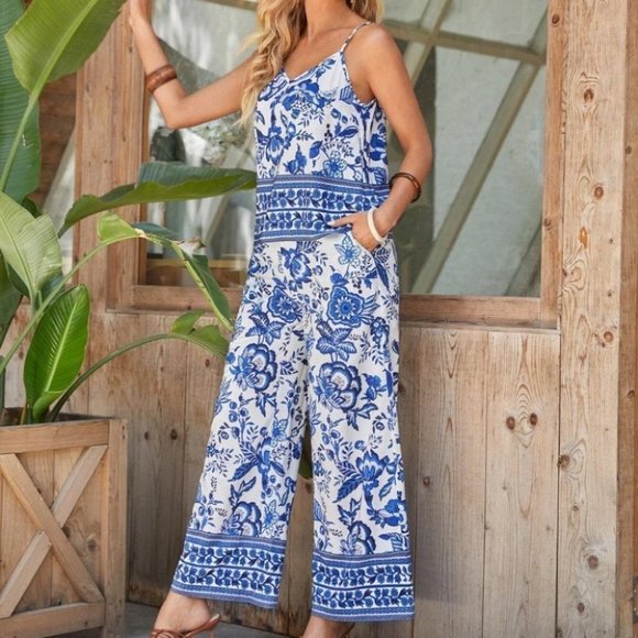 Blue Boho Floral Print Cami Top & Wide Leg Pants Set - Picture 4 of 5